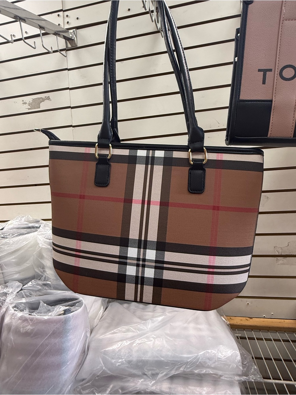 Classic Plaid Brown Tote Bag with Black Handles